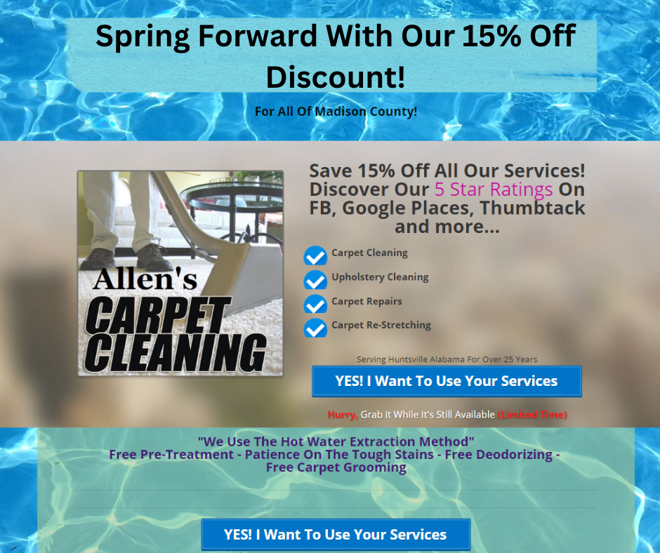 15% off carpet cleaning
15% off upholstery cleaning